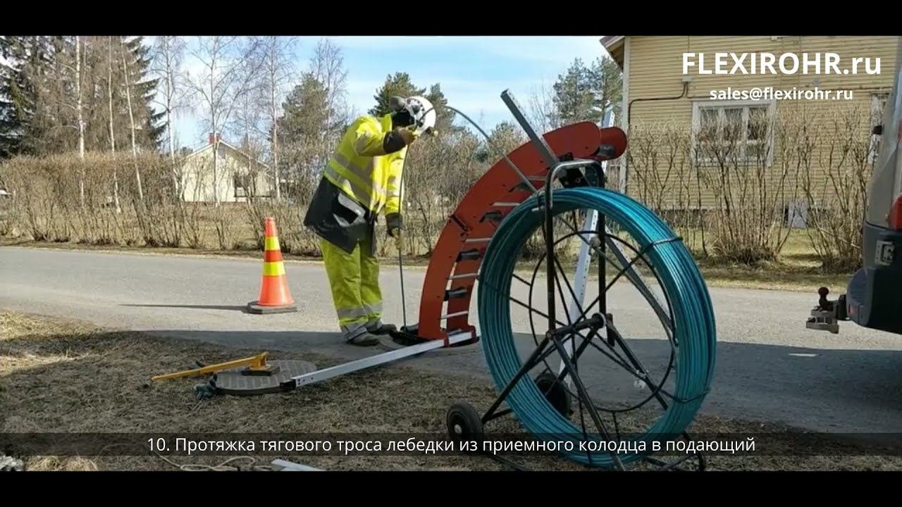 Этап 10 I Протяжка тягового троса лебедки из приемного колодца в подающий I Санация FLEXIROHR