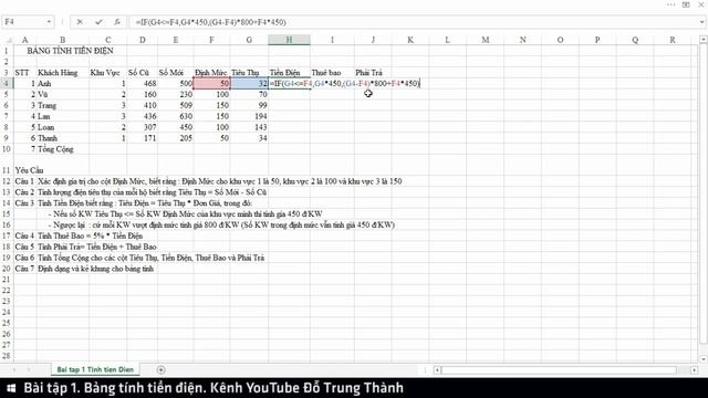 Bài tập 1. Bảng tính tiền điện (Microsoft Excel 2016)