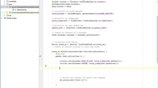 Android alarm clock tutorial: part 3, onClickListener