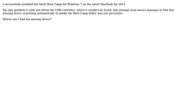 Apple: Where to find missing USB Driver for Windows 7 on MacBook Air 2012?