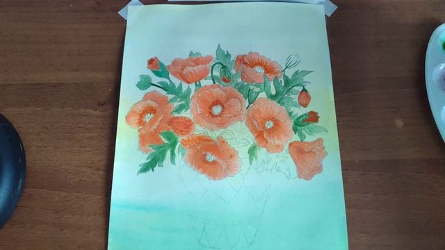 Рисую красивые цветы красками и карандашами в стиле скетчинг. Маки красками