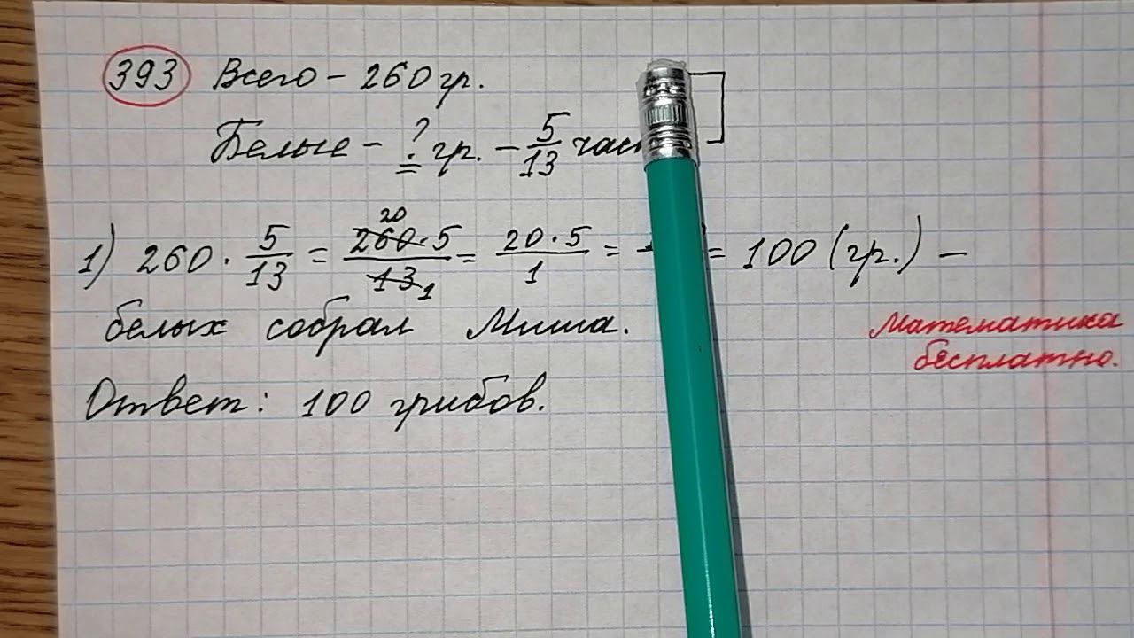 393) Миша собрал 260 грибов, из них 5/13 составляли белые. Сколько белых грибов собрал Миша?