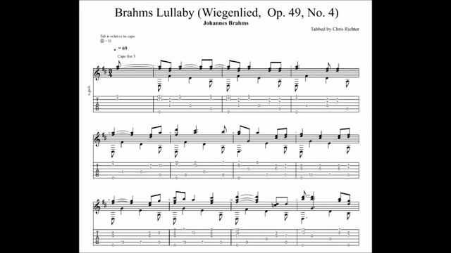 Johannes Brahms: Lullaby with tablature/sheet music for solo fingerstyle guitar