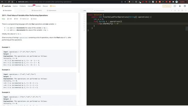 LeetCode Soru Çözümleri 02 :Final Value of Variable After Performing Operations -- JAVA