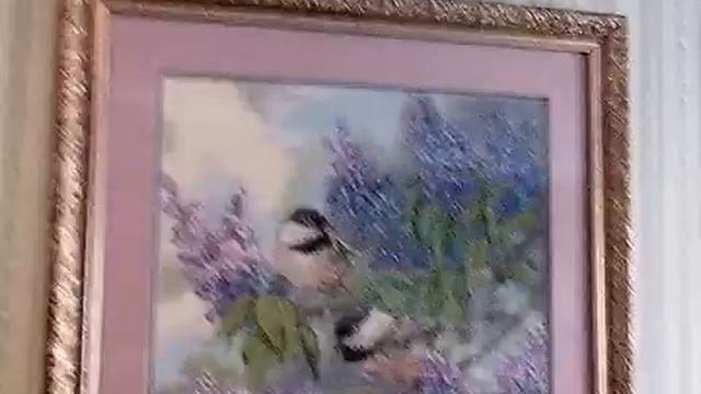 4 Синицы и сирень Вышивка крестиком. 36 цветов 38тыс.крестиков 56х68см