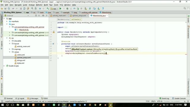 working with spinner using array adapter in android