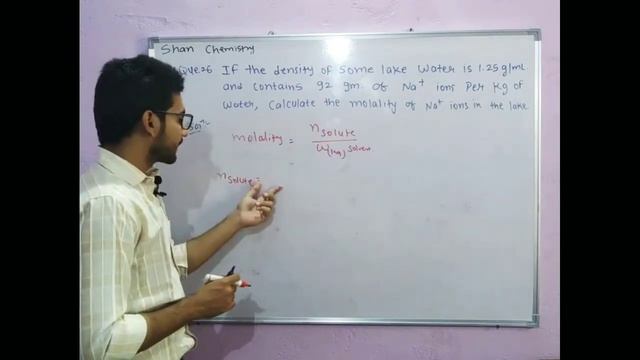 if the density of some lake water is 1.25 g/mL and contains 92 g of Na+ ions per kg of water