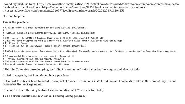 Ubuntu: Eclipse (ADT) crash Failed to write core dump. Core dumps have been disabled