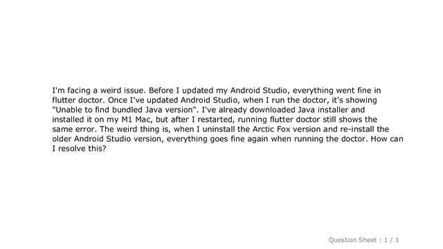 Android : Unable to find bundled Java version with flutter doctor, after updating Android studio Ar