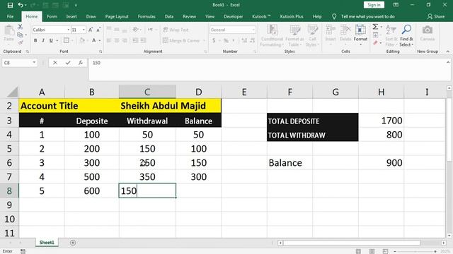 running balance in excel table