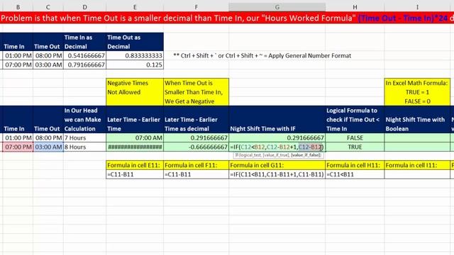 Excel & Business Math 31: Night Shift Hours Worked Formula for Payroll Time Sheet (3 Examples)