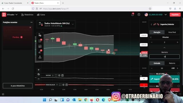 ?DERIV.COM: LUCROS R$109,94 COM DAY TRADE MANUAL E BOT PREMIUM SNIPER - INDICADORES BB + MCAD + RSI