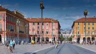 France, Nice, 08.09.2015: Place Massena, Avenue Jean Medecin, many tourists, trams, cars