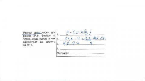 Задача на поділ числа. Різниця двох чисел дорівнює 24,8. Знайти ці числа, якщо І:ІІ=9:5.