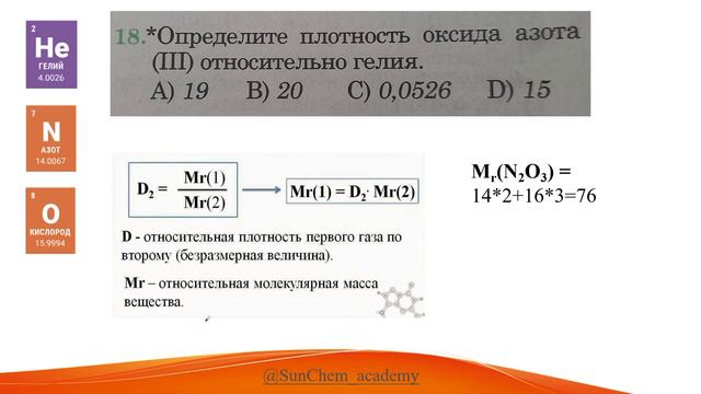 Определите плотность оксида азота (III) относительно гелия.