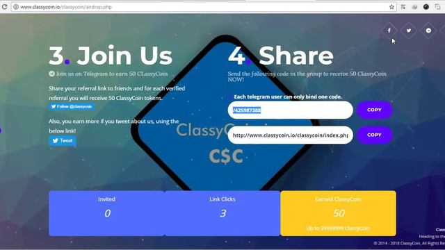 CLASSYCOIN ico airdrop 50 token just on signup