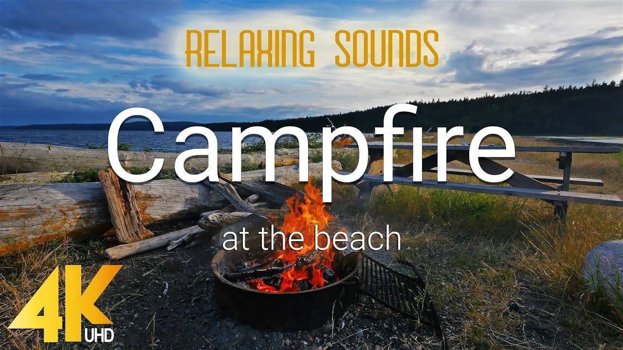 (3-hours) UHD 4K Relaxing Campfire Video at the Beach & Nature Sounds