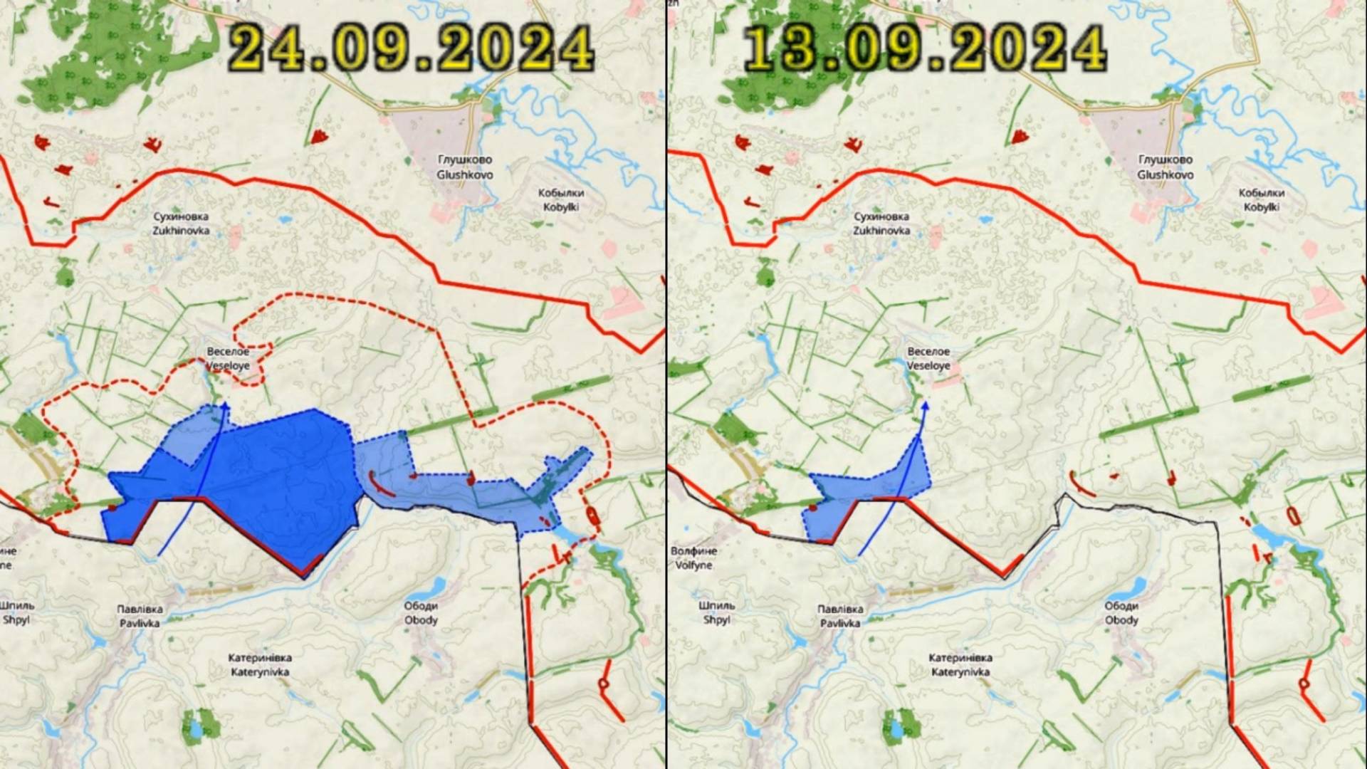 Карта боевых действий в Глушковском районе Курской области с 13 по 25 сентября 2024 года