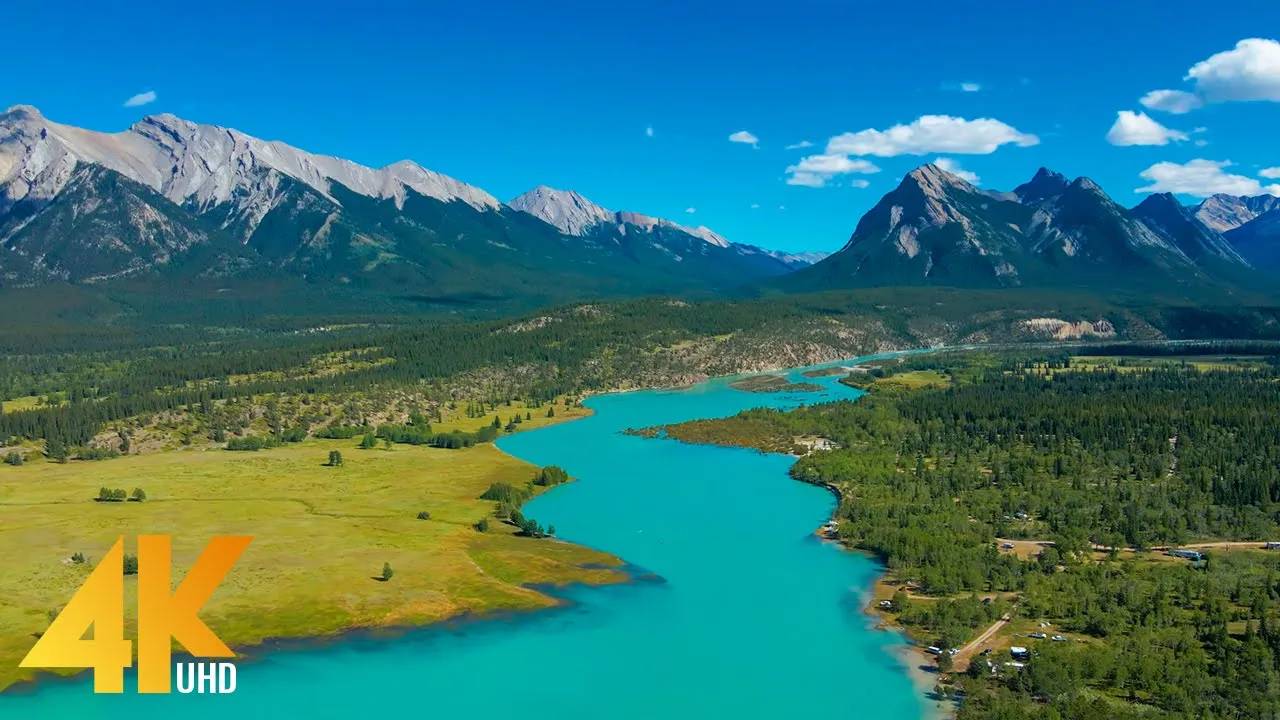 Flight over the River - Scenic Views of Cline River, Canada - 4K Cinematic Drone Footage