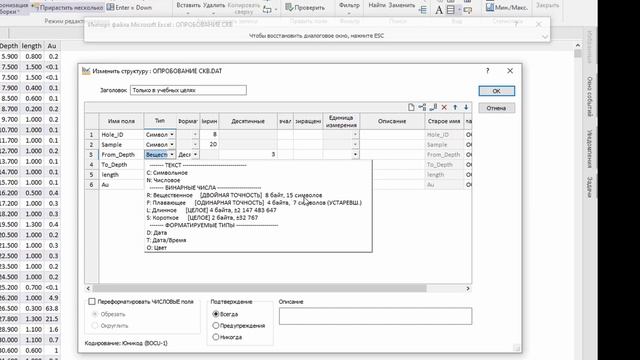 2. Импорт данных (Excel). Моделирование золоторудного месторождения. Micromine 2024