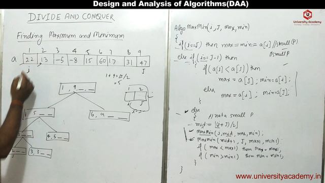 DAA58: Finding Maximum and Minimum using Divide and Conquer in daa