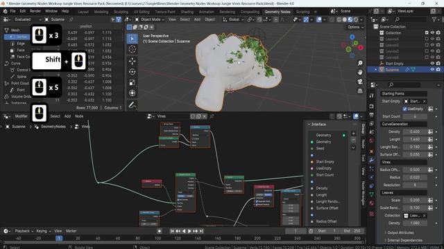 14 - Geometry Node Leaves Scaling Based on Curve. GEOMETRY NODES JUNGLE VINES in Blender