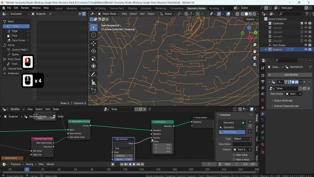 05 - Curves with Edge Path Node. GEOMETRY NODES JUNGLE VINES in Blender