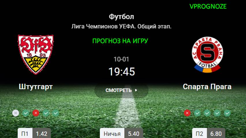 Актуальная ставка. Штутгарт - Спарта Прага прогноз на матч Лига Чемпионов УЕФА. 1 октября 2024
