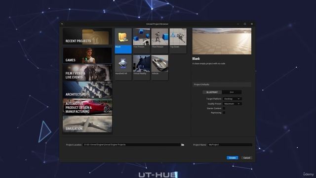 02 - Unreal Engine Templates. UNREAL ENGINE 5 CINEMATIC UT HUB Course