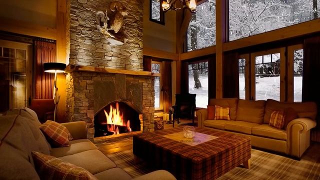 Cozy Winter Ambience, уютная зимняя атмосфера, камин, падает снег, релакс, видео что бы снять стрес