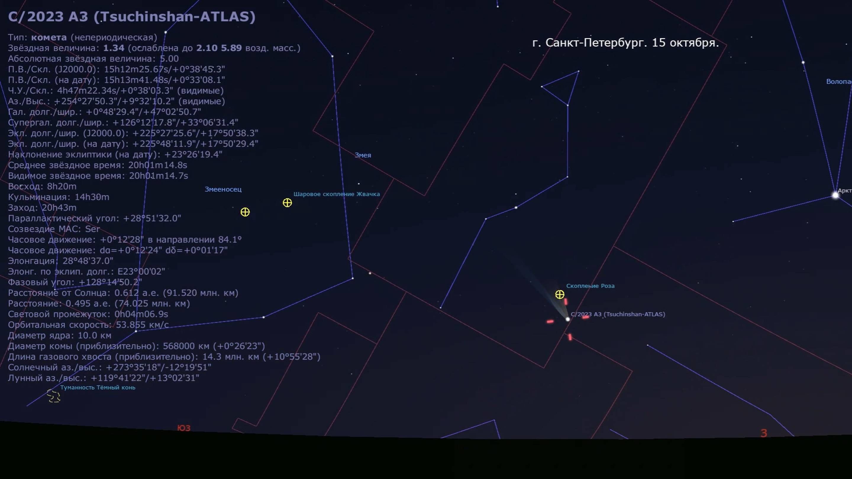 Комета C/2023 A3 (Цзыцзиньшань — ATLAS). Видимость в Санкт-Петербурге в октябре 2024 года.