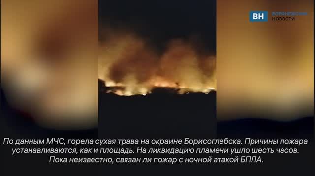 Ночной пожар с семью очагами возгораний в Борисоглебске сняли на видео