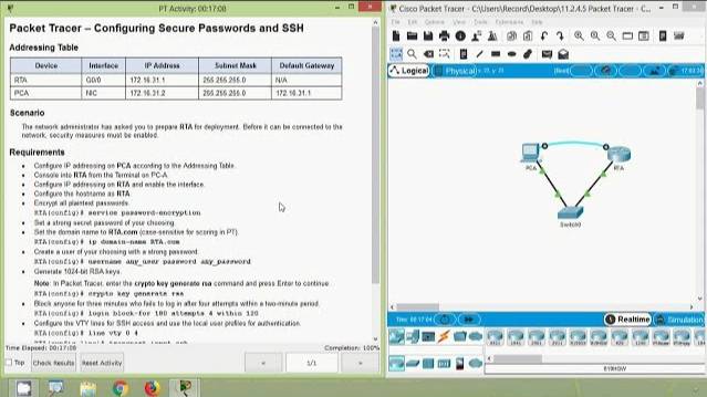 Packet Tracer - Configuring Secure Passwords and SSH