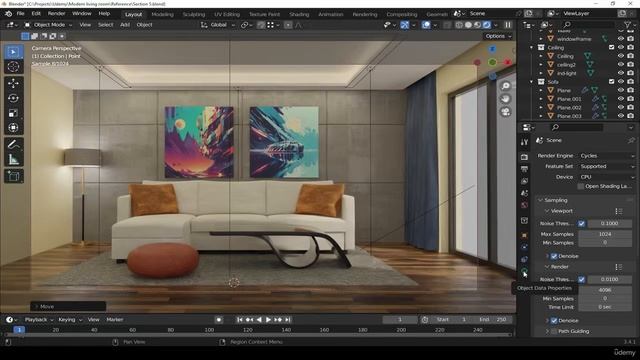 38. Adding light to floor lamp. RENDERING MODERN LIVING ROOM in Blender видео уроки