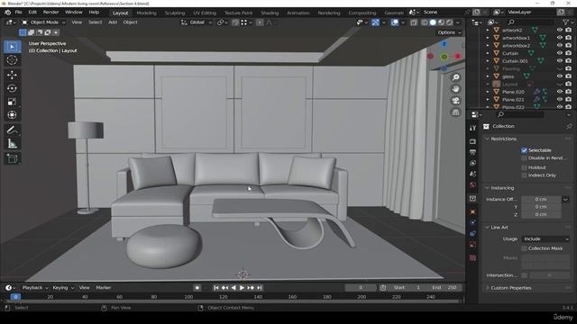 21. Adjusting the position of central seating. RENDERING MODERN LIVING ROOM in Blender видео уроки