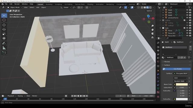 23. material to rest of walls. RENDERING MODERN LIVING ROOM in Blender видео уроки