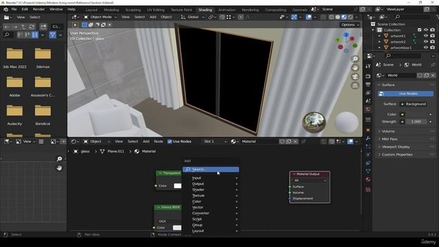 25. the glass finish for the window. RENDERING MODERN LIVING ROOM in Blender видео уроки