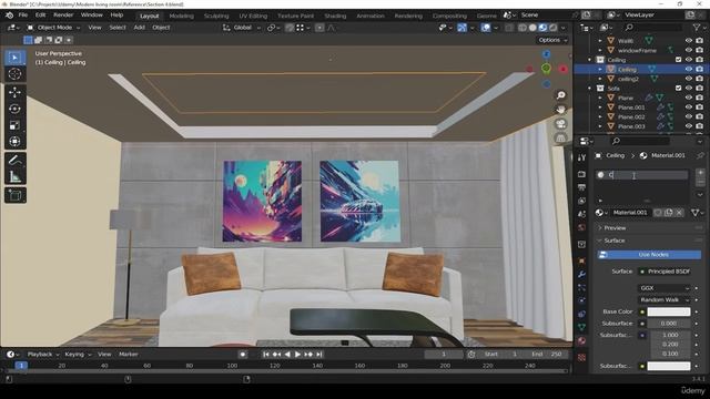 33. material to the ceiling. RENDERING MODERN LIVING ROOM in Blender видео уроки