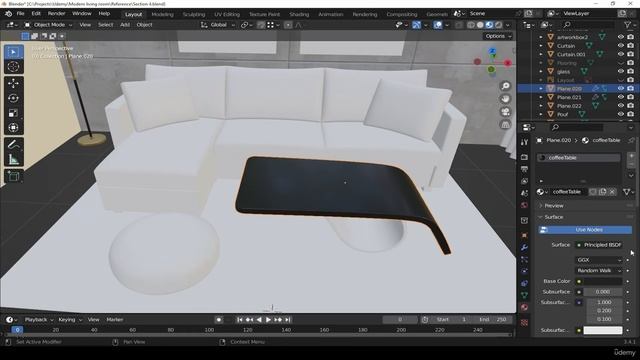 27. finishes to coffee table. RENDERING MODERN LIVING ROOM in Blender видео уроки