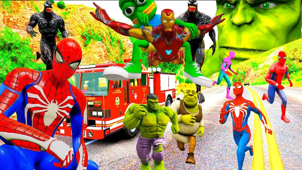 Siêu Nhân Người Nhện Chạy Xe Ô Tô Cứu Hỏa Giải Cứu Siêu Anh Hùng, 3D Hulk VS Spiderman, Superheroes