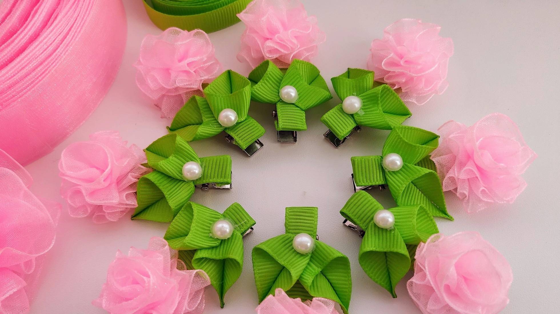 Зажим-малютка с цветами. Розочка / Hairclips ribbon flowers. Rose