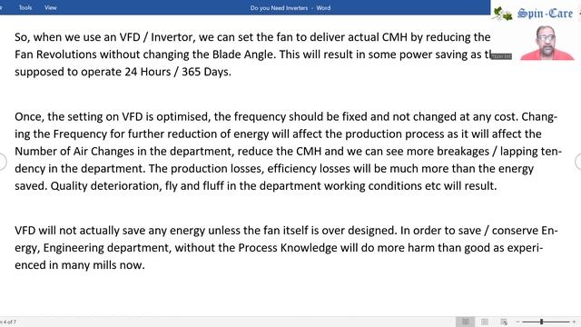 Spin Care - Spinning Information - Is VFD required for H Plant SA / RA Fans?