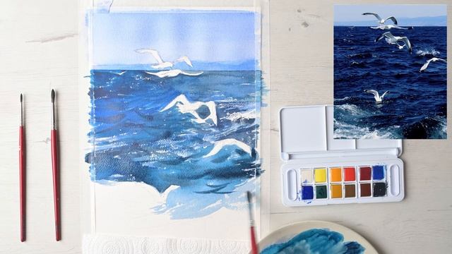 WATERCOLOR Painting TUTORIAL - How to Paint a SEASCAPE with SEAGULLS