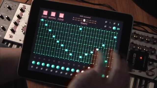 iPad Analog-style MIDI Sequencer app, sequencing an Andromeda A6 synth