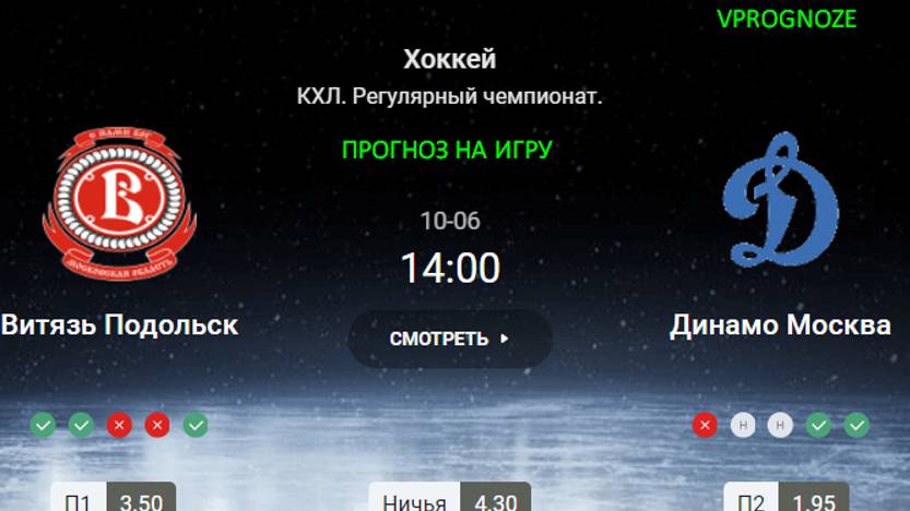 Острая встреча Витязь Подольск - Динамо Москва прогноз на матч КХЛ 6 октября 2024