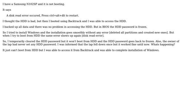 HDD password is frozen and disk read error