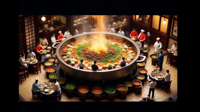 Фотография переполненного ресторана hotpot, миниатюрные посетители едят, шеф-повара готовят еду, люд