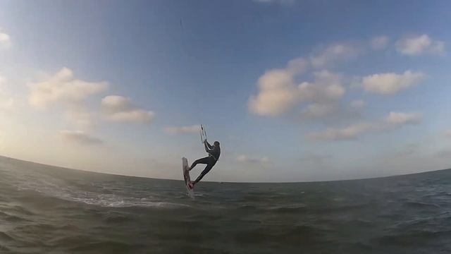 Jumping with a kite. Тorth Lagoon Djerba. Tunisia. October 2019