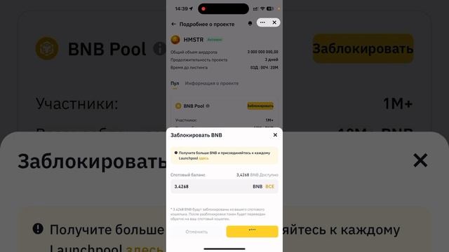 Launchpad HMSTR на Binance | стейкинг BNB на 3 дня для получения монет Хомяка