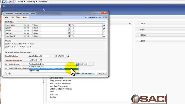 Microsoft Dynamics GP Generate Suggested Purchase Orders window